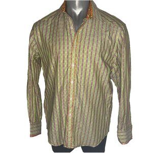 Robert Graham Mens LG Green Orange Stripe Long Sleeve Shirt Scoop Hem Embroidery